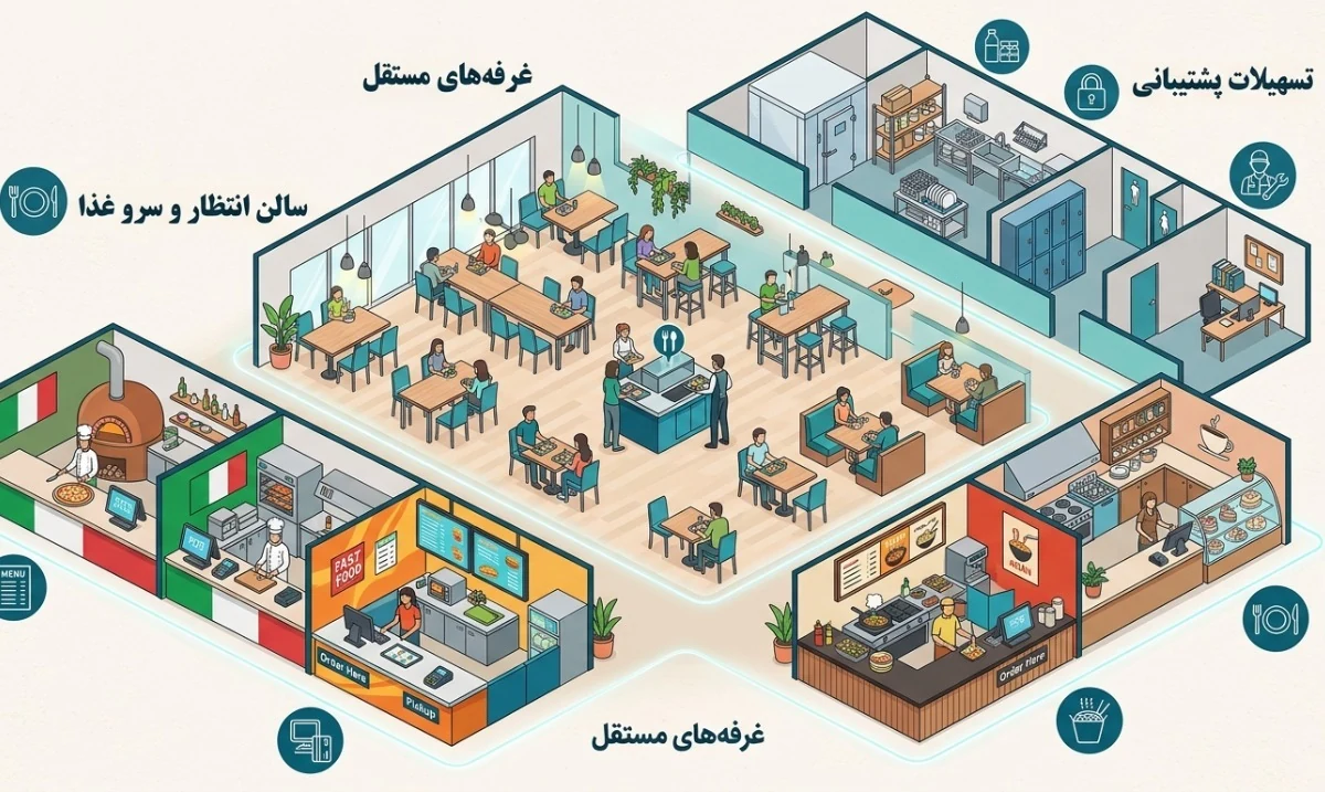 نقشه سه‌بعدی یک فودکورت با غرفه‌های مستقل، سالن انتظار و سرو غذا و تسهیلات پشتیبانی