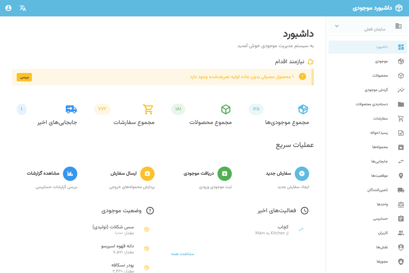 داشبورد موجودی دوویتا با وضعیت مواد اولیه و هشدار کالای رو به اتمام